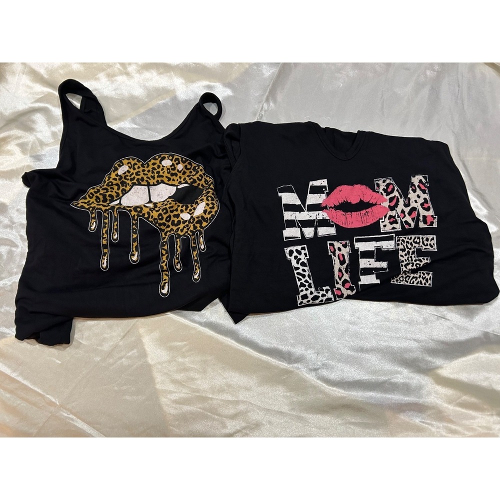 Lot of 2 EUC Color Bear Lips Animal Print black Mom Life Tank Top size 2X
